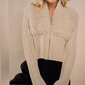Boho Chic Ivory Zip Up Fuzzy Ribbon Cardigan  L